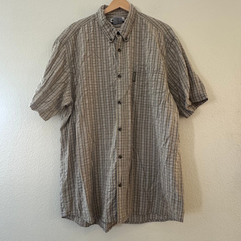Columbia Shirt Plaid Short Sleeve Cotton Crinkle Button Down XXL Grey Excellent